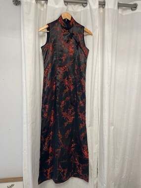 7Fairy Women's Long Black and Red Floral Satin Cheongsam Qipao Dress